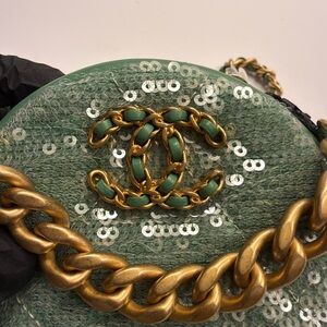 Authentic CHANEL Green and Gold Sequin mini bag